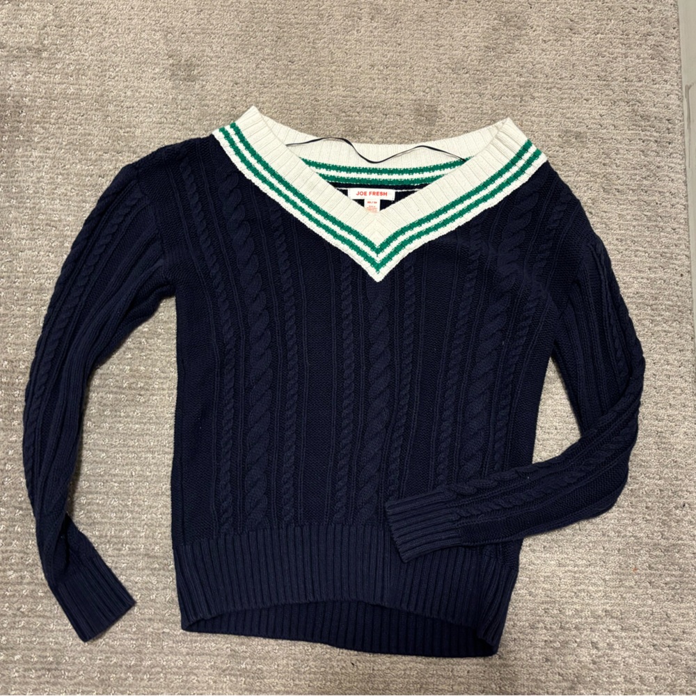 Joe Fresh Navy V-Neck Sweater with Green and White Accents